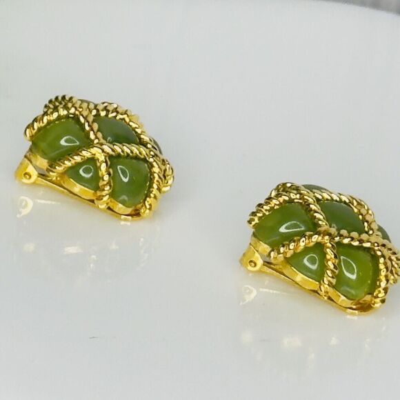 Vintage KJL Kenneth J Lane Earrings Gold Rope Quilted Green Lucite Clip On 1133 - Picture 5 of 15